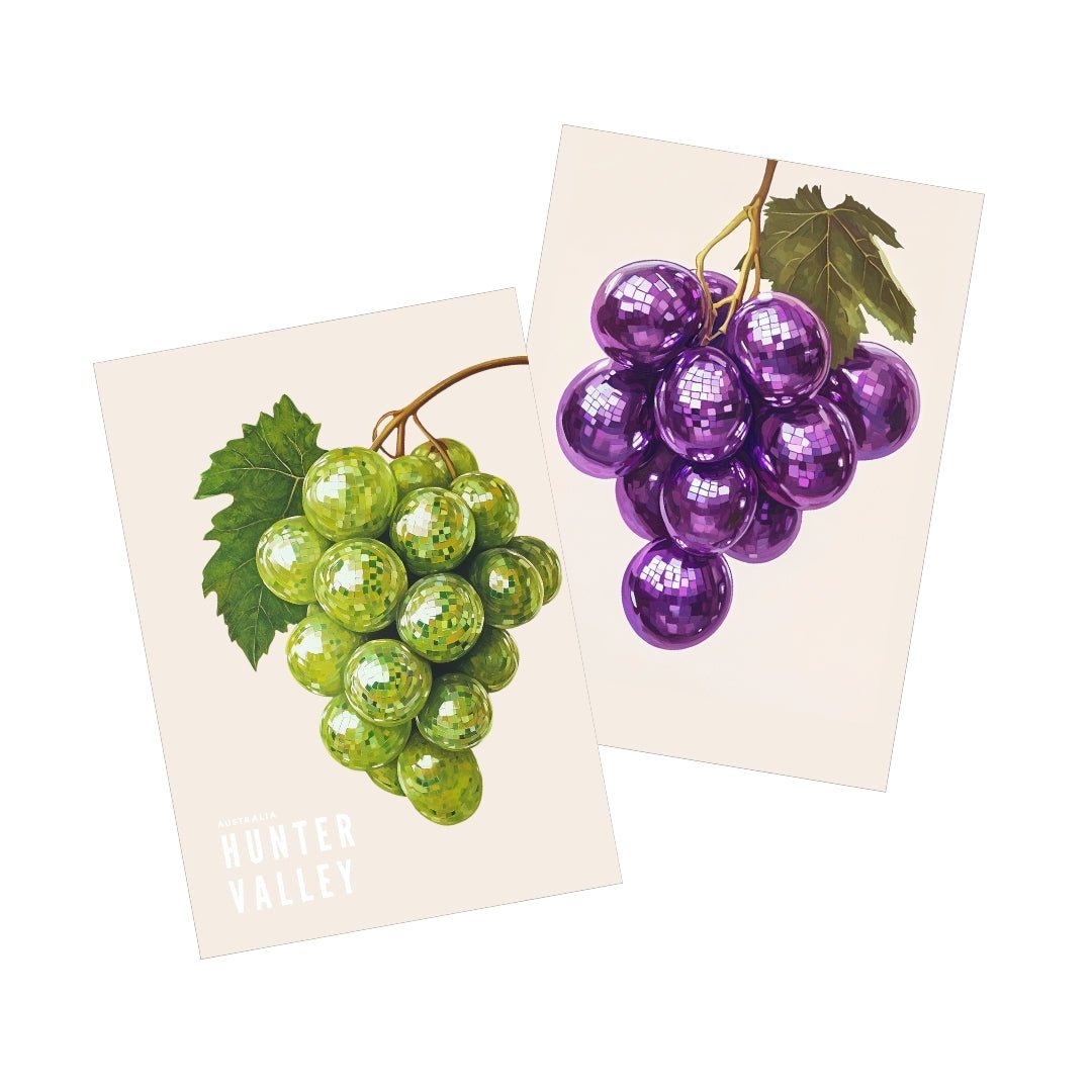 A pair of Thirsty Merchy posters featuring vibrant grape clusters: green grapes with a shimmering effect and purple grapes with a disco-ball design, both accompanied by green leaves. These modern artworks celebrate Hunter Valley’s wine culture and are part of Stay n' Sip's exclusive collection, available for purchase online