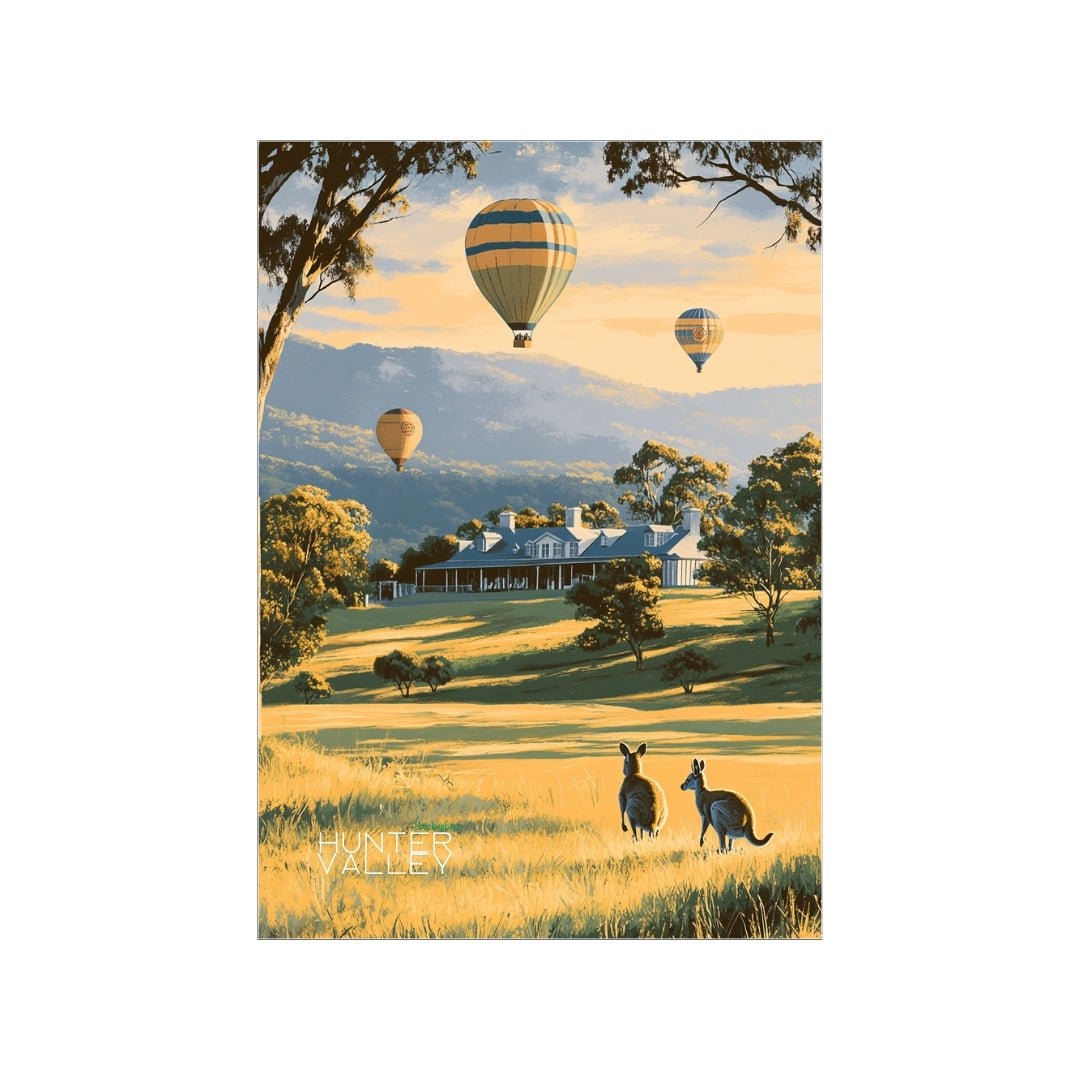 Thirsty Merchy poster depicting a picturesque Hunter Valley landscape with hot air balloons floating over a countryside estate, framed by trees and golden fields with two kangaroos in the foreground. Part of Stay n' Sip's exclusive collection celebrating the beauty and charm of Australian wine country, available for purchase online