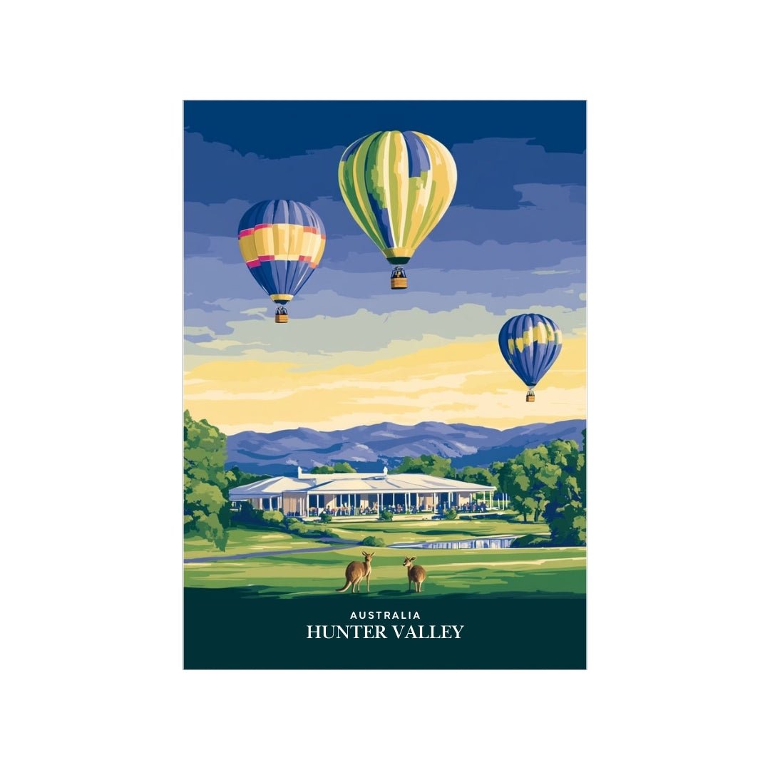 Vibrant art print featuring colorful hot air balloons floating over the Hunter Valley landscape, with kangaroos grazing in the foreground and a grand estate nestled among rolling hills in the background. A celebration of Australia's iconic wine region, designed by Thirsty Merchy for Stay n' Sip