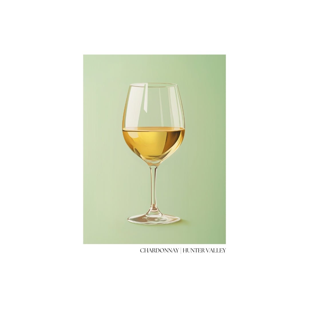 A minimalist A3 poster featuring a glass of golden Chardonnay wine against a soft sage green background. The design is clean and elegant, with the label "CHARDONNAY | HUNTER VALLEY" printed in refined typography beneath the image. This sophisticated artwork captures the essence of the Hunter Valley wine region, making it an ideal piece for home décor or a luxurious souvenir.