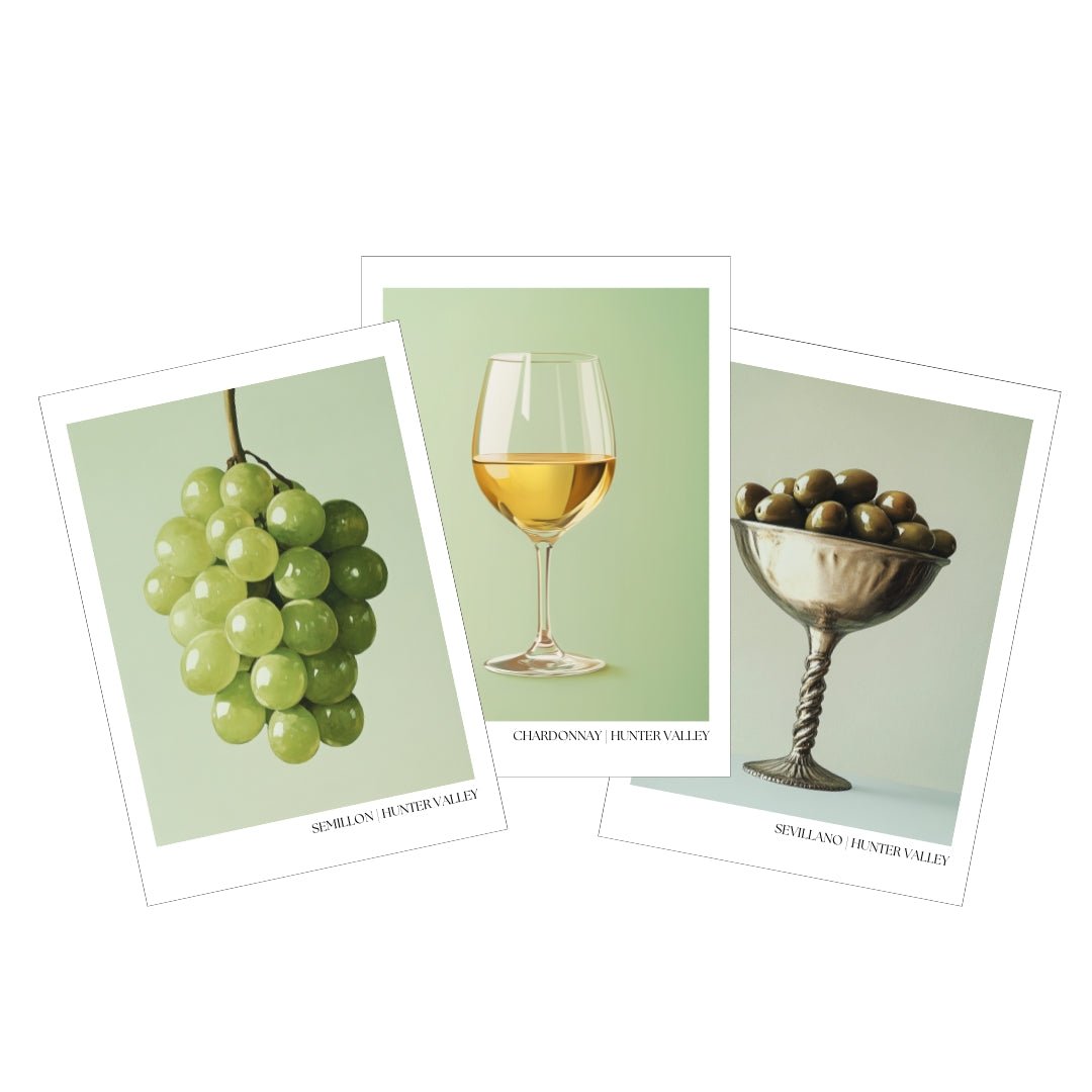 A set of three elegant A3 posters featuring minimalist artwork inspired by the Hunter Valley. The left poster displays a realistic cluster of green Semillon grapes labeled "SEMILLON | HUNTER VALLEY". The center poster showcases a glass of golden Chardonnay wine labeled "CHARDONNAY | HUNTER VALLEY". The right poster presents a vintage silver bowl filled with green Sevillano olives, labeled "SEVILLANO | HUNTER VALLEY". Each print has a clean, sophisticated design, ideal for luxury home décor or as a stylish s