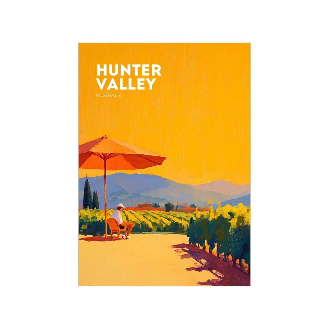 Thirsty Merchy poster featuring a vibrant Hunter Valley vineyard scene with a person relaxing under a red umbrella, set against a golden sky. This artwork captures the essence of Australian wine country and is available as part of Stay n' Sip's exclusive collection for purchase online
