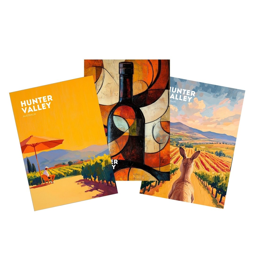Set of three Thirsty Merchy posters celebrating Hunter Valley, Australia. The collection features a vibrant vineyard scene with a red umbrella, an abstract wine bottle design, and a kangaroo overlooking picturesque vineyards. Part of Stay n' Sip's exclusive art collection, these posters are available for purchase online