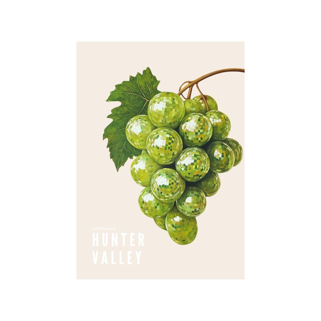 Thirsty Merchy poster featuring a vibrant cluster of green grapes with a leaf, representing Hunter Valley, Australia. This modern artwork celebrates the region's renowned wine culture and is part of Stay n' Sip's exclusive art collection, available for purchase online