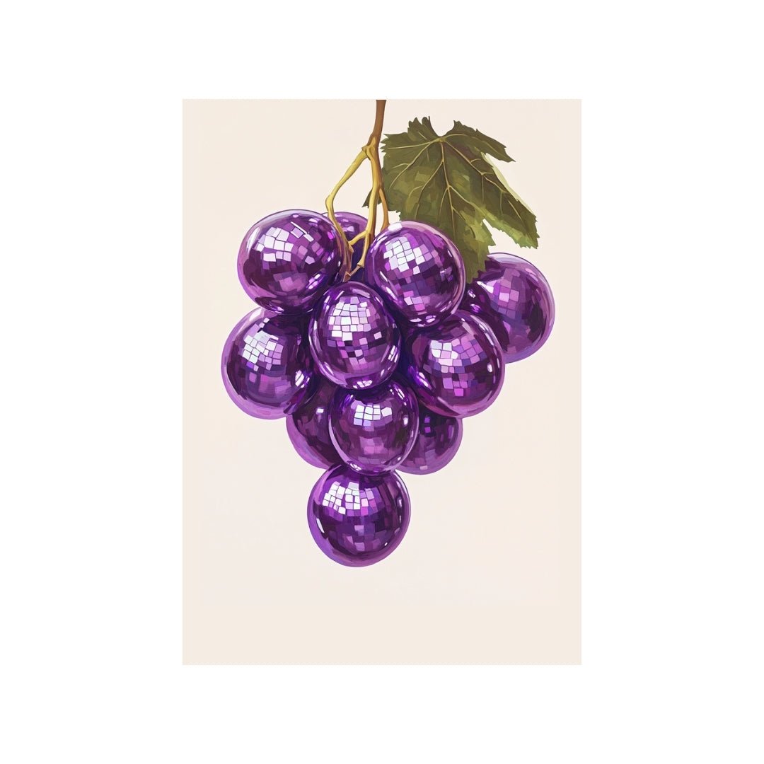 Thirsty Merchy poster featuring a cluster of vibrant purple grapes with a reflective disco-ball effect, accompanied by a single green leaf. This modern and artistic design celebrates Hunter Valley's wine culture and is part of Stay n' Sip's exclusive collection, available for purchase online