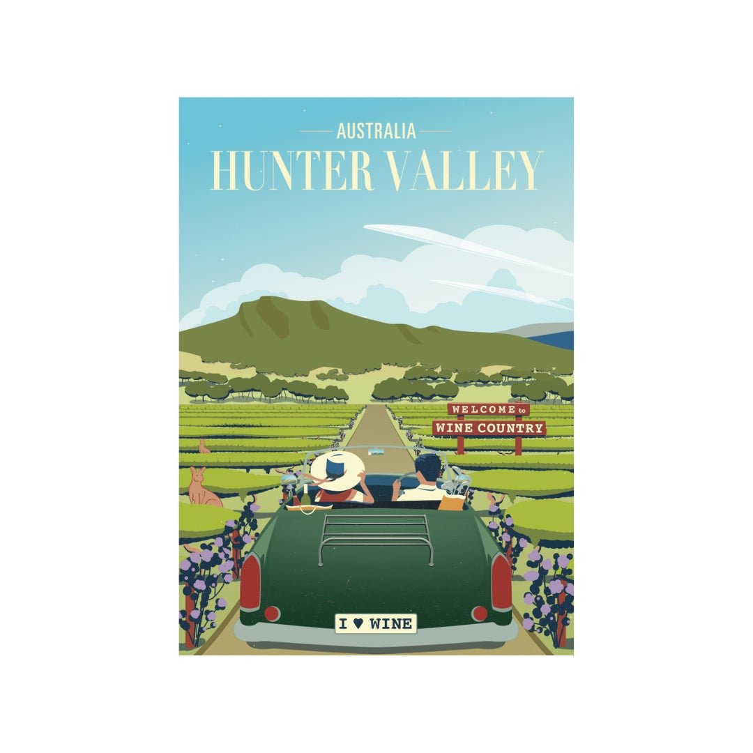 Illustrated Hunter Valley poster featuring a scenic drive through wine country