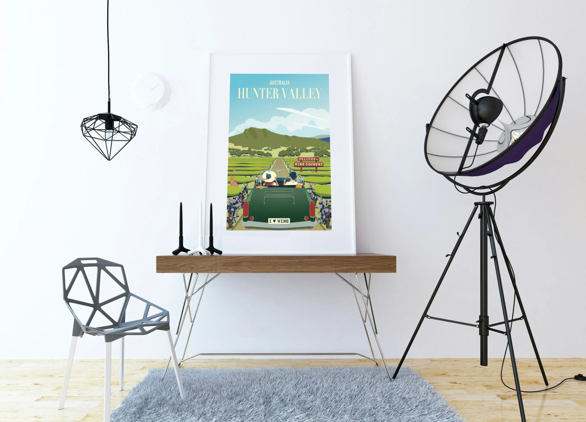 Illustrated Hunter Valley poster featuring a scenic drive through wine country