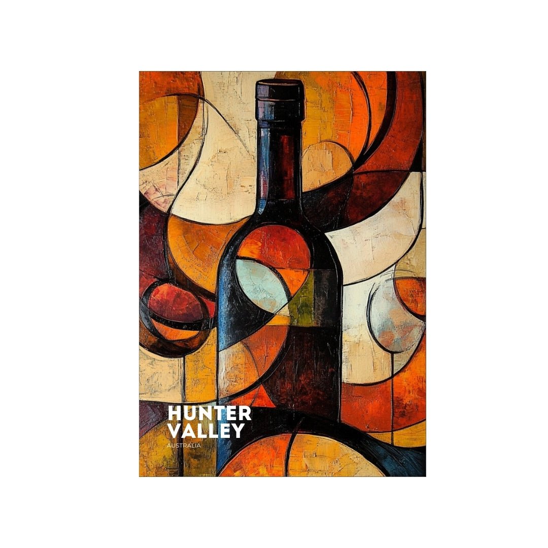 Abstract Thirsty Merchy poster featuring a wine bottle with bold, colorful geometric shapes, highlighting the vibrant culture of Hunter Valley, Australia. A striking artwork that celebrates wine and art, available for purchase online through Stay n' Sip's Thirsty Merchy collection