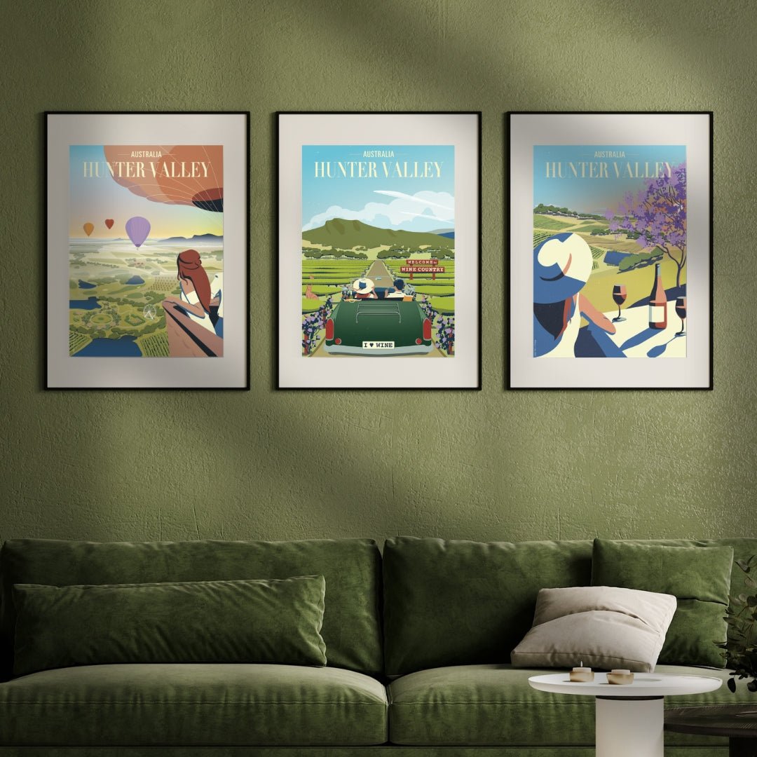 A set of three vibrant Hunter Valley posters showcasing different scenic views and experiences of the region in a green room