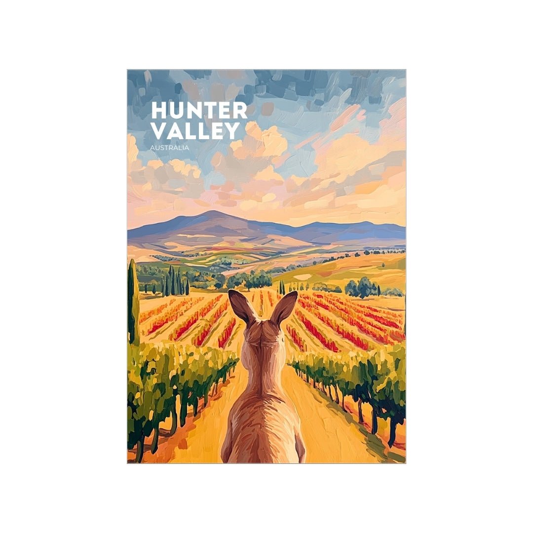 Artistic Thirsty Merchy poster showcasing a kangaroo overlooking vibrant vineyards under a colorful sky in Hunter Valley, Australia. A celebration of the region’s natural beauty and wine culture, available for purchase as part of Stay n' Sip's exclusive Thirsty Merchy collection