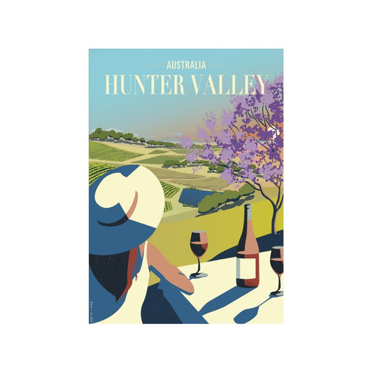 Illustrated poster of Hunter Valley featuring a serene bistro scene at sunset with a woman enjoying wine overlooking vineyards, capturing the essence of the region’s relaxed and scenic wine culture