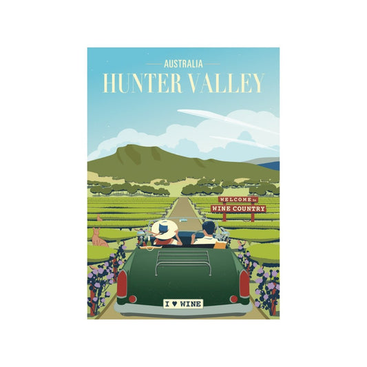 Illustrated Hunter Valley poster featuring a scenic drive through wine country