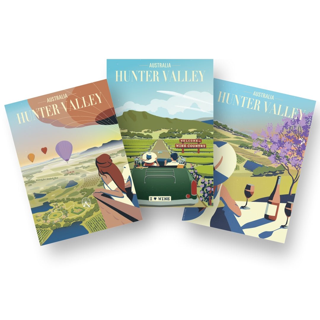 A set of three vibrant Hunter Valley posters showcasing different scenic views and experiences of the region