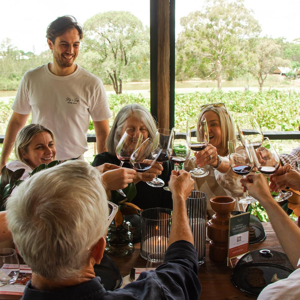 Group of guests having fun during a Stay n’ Sip Fun Wine Tasting, raising their glasses in a toast, surrounded by a scenic vineyard backdrop, reflecting the lively and engaging atmosphere of the experience