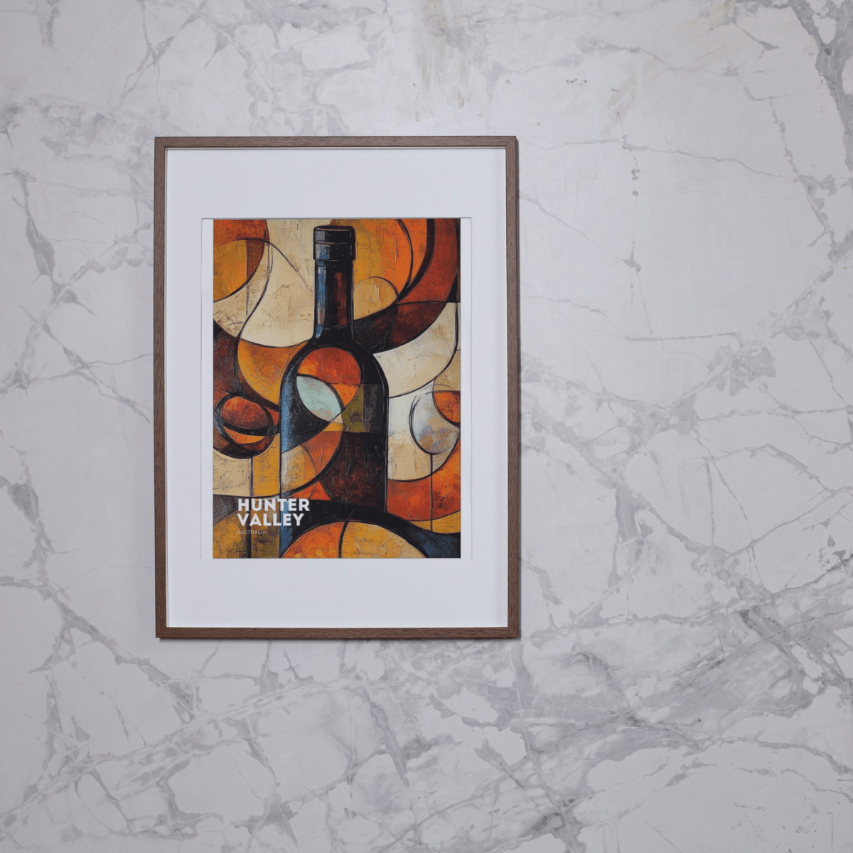 Framed abstract wine bottle poster by Thirsty Merchy, featuring bold geometric shapes and vibrant colors, displayed on a marble wall. Celebrating Hunter Valley’s rich wine culture, this artwork is part of Stay n' Sip's exclusive Thirsty Merchy collection, available for purchase online