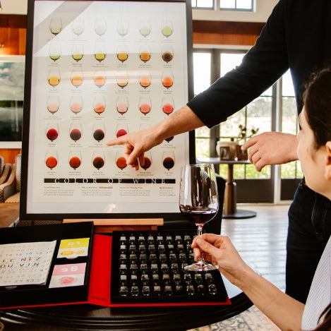 Person enjoying a wine tasting while looking at a wine colour chart.